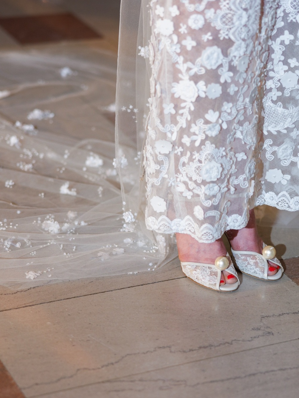 Jimmy Choo 85  Ivory Lace Peep-Toe Heels with Pearl Accent
